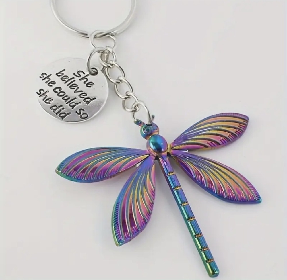 3/$25 She Believed She Could So She Did Dragonfly Stainless Steel Keychain NEW